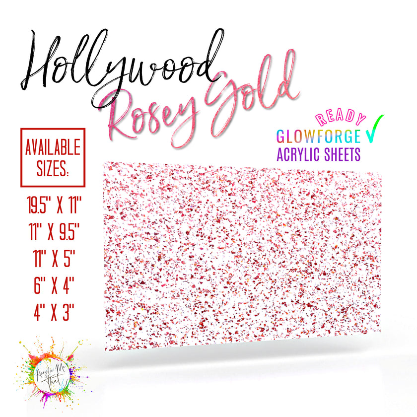 Printable acrylic sheets with rose gold glitter for laser engraving.