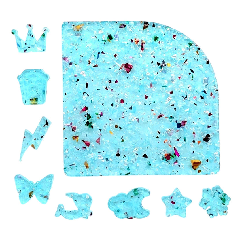 Iridescent Frost plexiglass sheet with a glittery finish for unique crafts.
