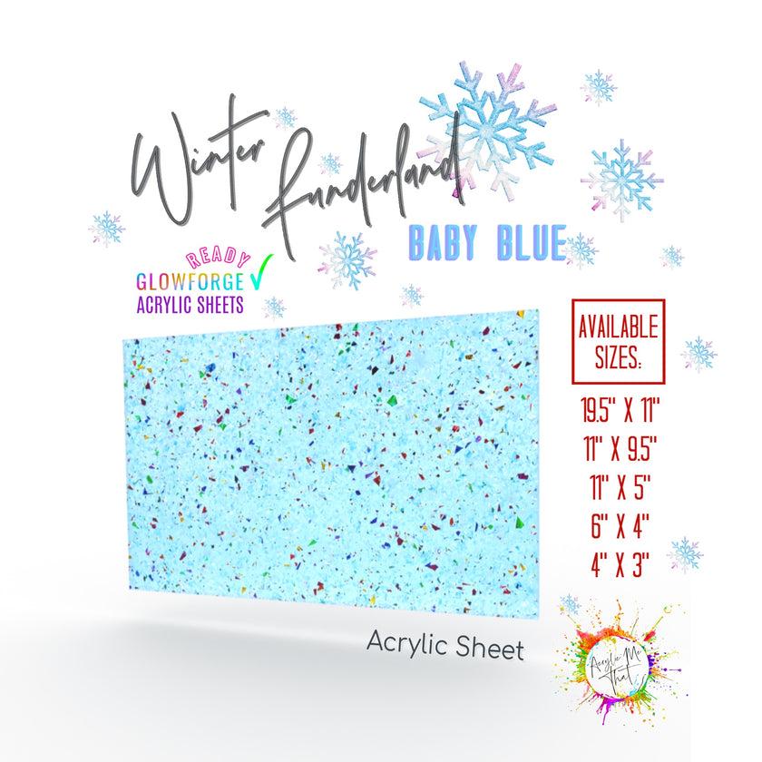 Laserable plastics in tinted blue with iridescent glitter for detailed engraving, with a glossy blue finish.