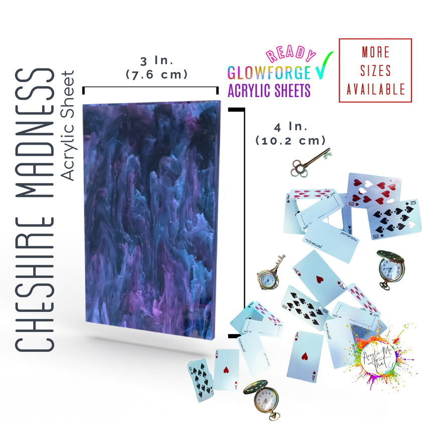 Laserable colored plexiglass sheet with a purple, blue, and black iridescent patterned design.
