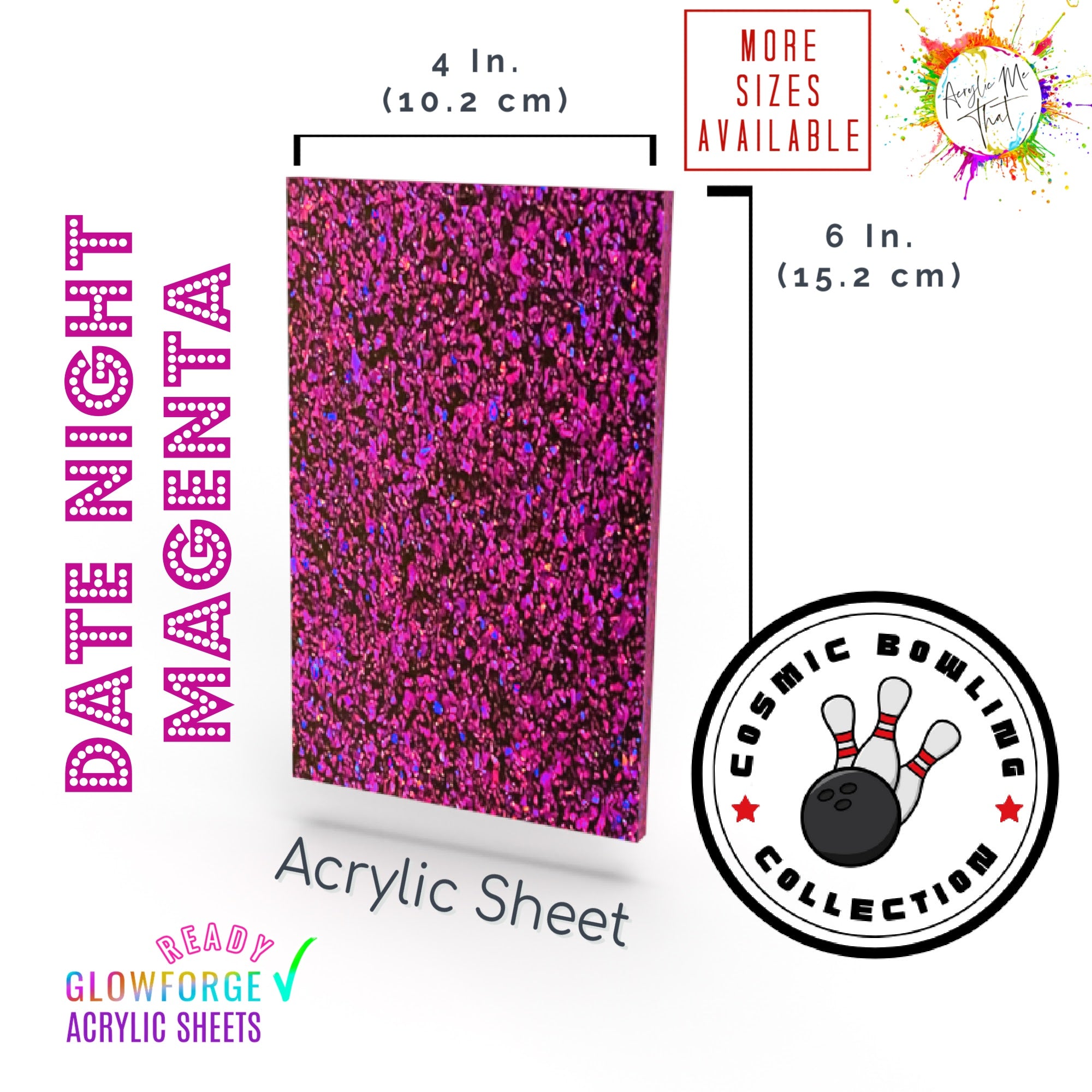 Laserable colored plexiglass sheet with a pink and magenta glitter design.