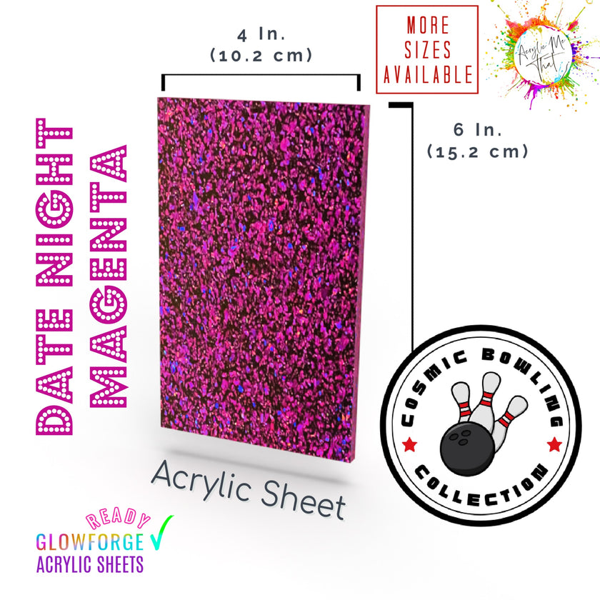 Laserable colored plexiglass sheet with a pink and magenta glitter design.