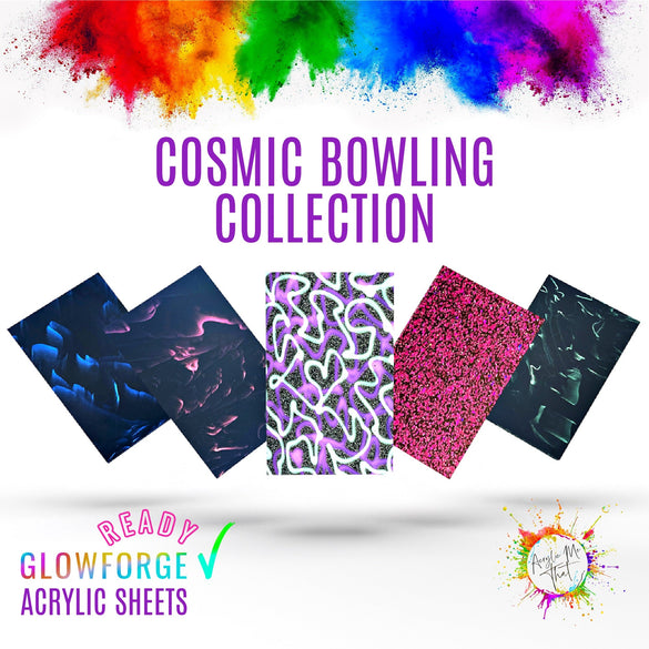 Cosmic Bowling Acrylic Sheets Collection for laser cutting, featuring black acrylic sheets with glitter, patterns, and galactic shimmer marble that illuminates with light.