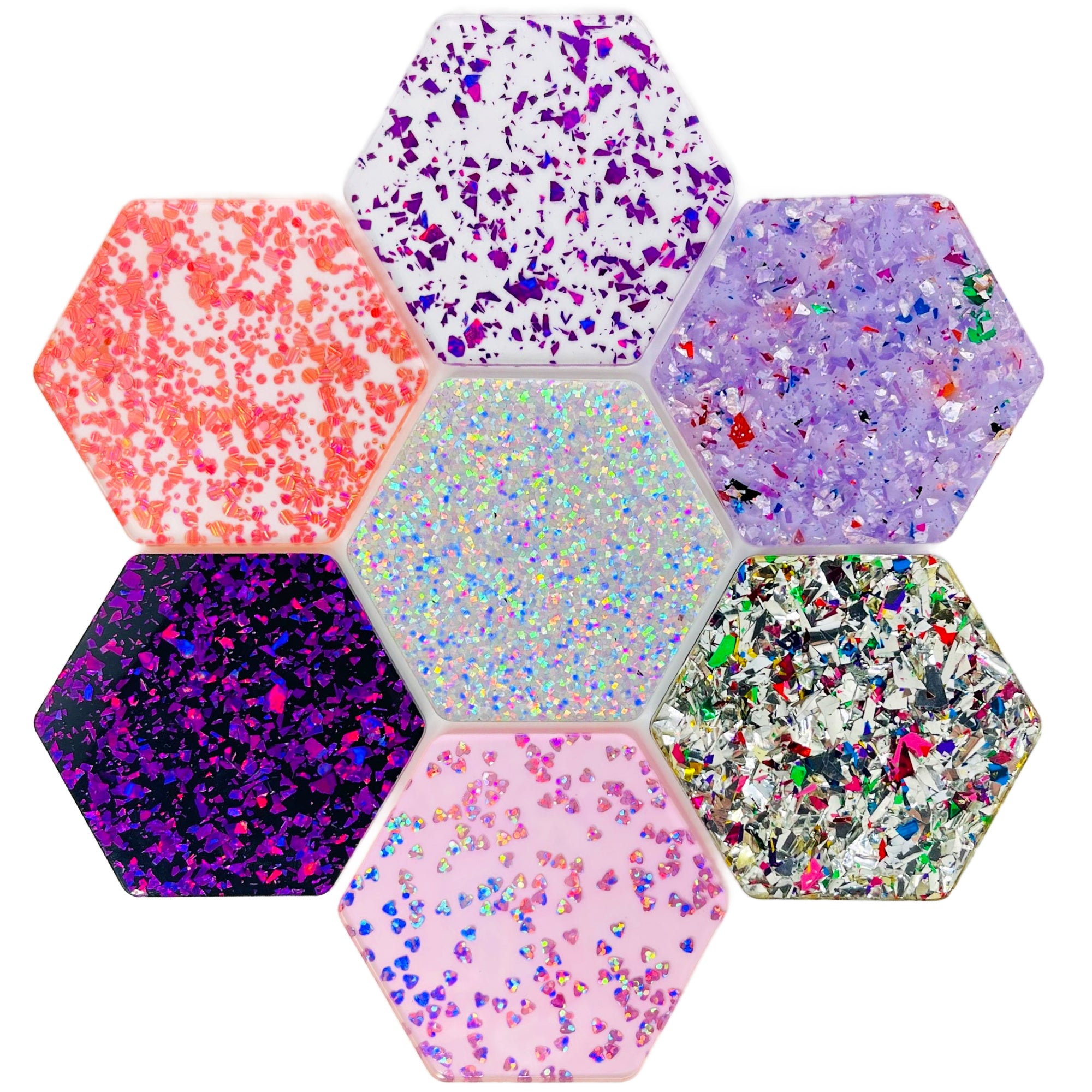 Variety pack of glitter cast acrylic sheets, made for laser cutting, ideal for making custom crafts, artistic designs, and decorations.