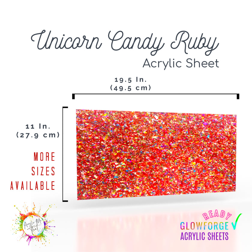 Red iridescent plexiglass with multicolor confetti glitter, ideal for laser cutting and engraving
