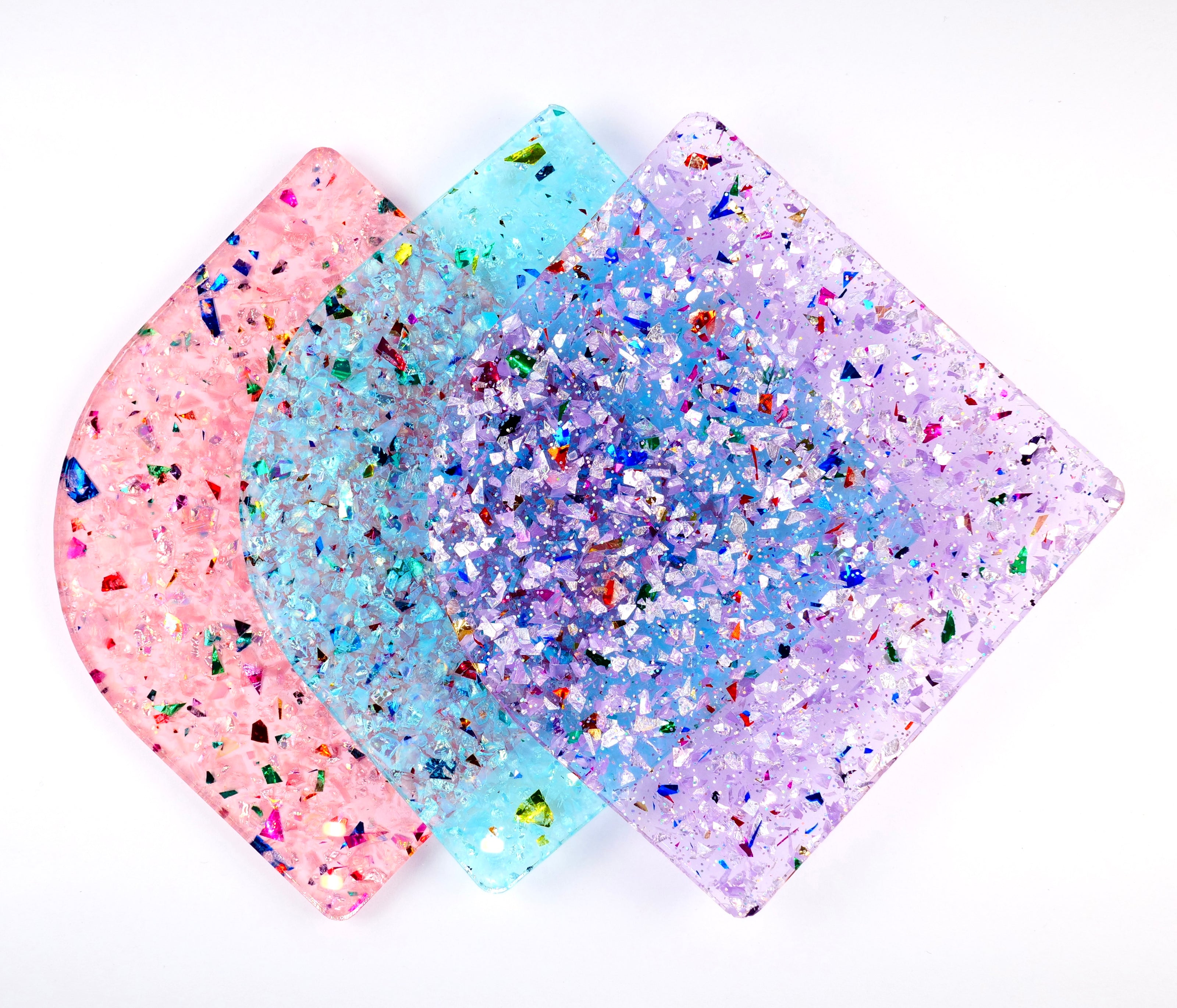 Winter Funderland 3-Pack of Glitter Cast Acrylic Sheets in Pink, Baby Blue, and Lavender. Each 4mm sheet features iridescent, holographic, and frosty confetti flakes with a glossy, translucent finish. Perfect for laser cutting, engraving, and festive DIY projects.