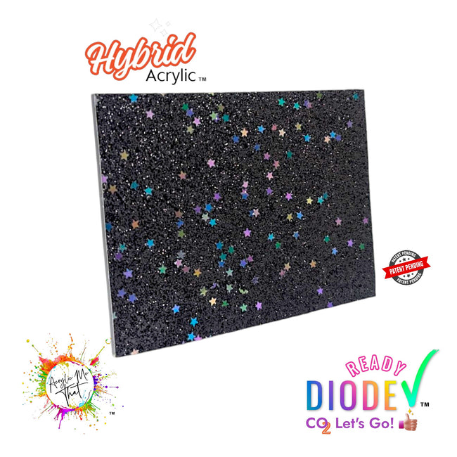 Smooth Black Micro Glitter and Iridescent Stars Hybrid Acrylic Sheet | Diode Acrylic Sheet