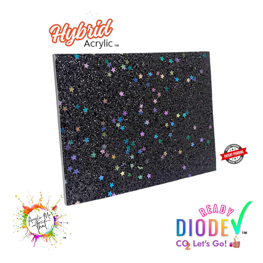Smooth Black Micro Glitter and Iridescent Stars Hybrid Acrylic Sheet | Diode Acrylic Sheet