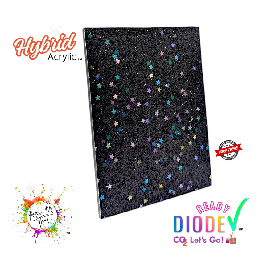 Smooth Black Micro Glitter and Iridescent Stars Hybrid Acrylic Sheet | Diode Acrylic Sheet