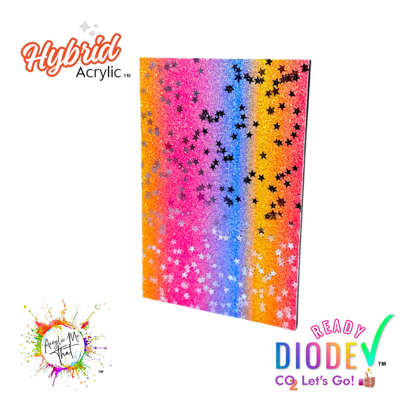 Pink, Yellow, Baby Blue Gradient Ombre Smooth Micro Glitter with Silver Stars Hybrid Acrylic Sheet | Diode Acrylic Sheet
