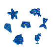 Glitter sheet plexiglass with iridescent blue sparkles laser cut into shapes, ideal for bold designs