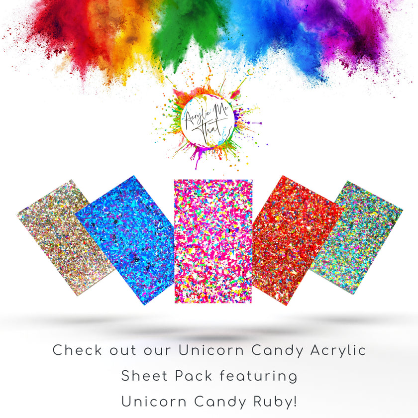 Cast acrylic sheet with red chunky glitter for laser engraving and custom cutting.