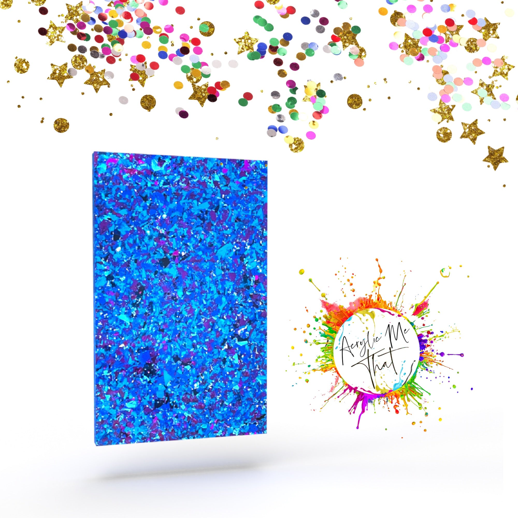 Glitter cast acrylic sheet with purple and multicolored confetti, perfect for laser cutting projects.