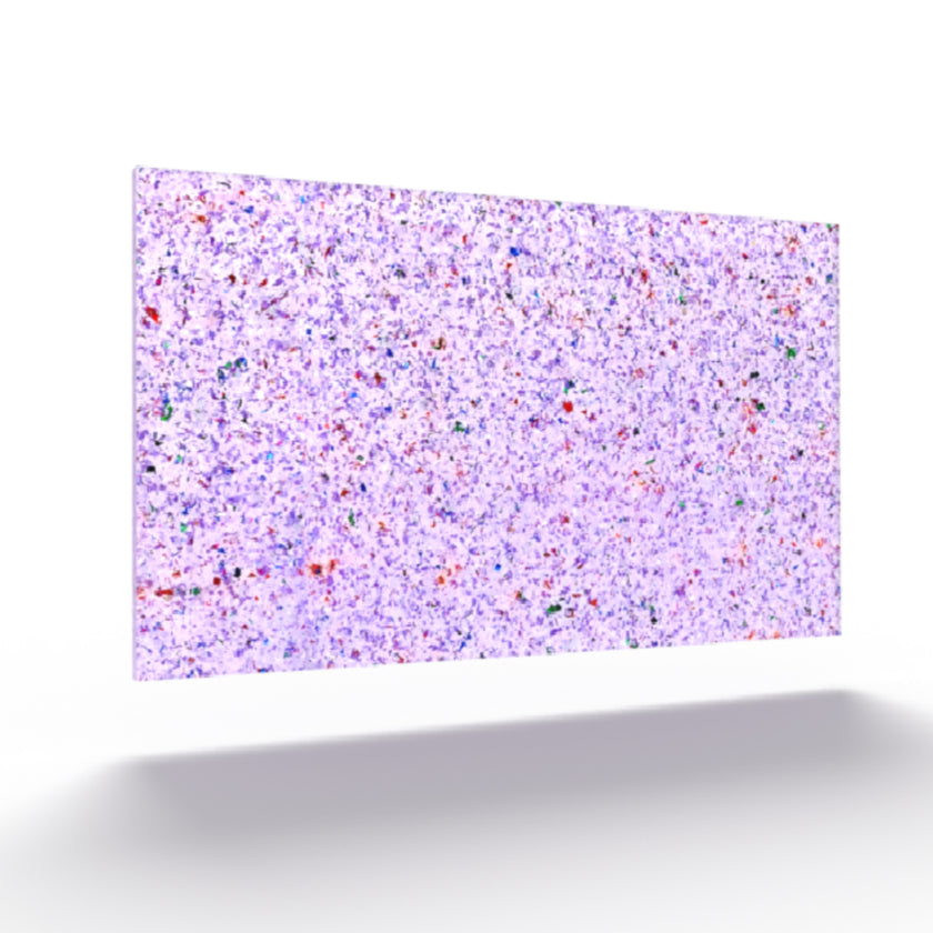 Custom plexi glass sheet with iridescent purple glitter, ideal acrylic plastic board for adding sparkle.