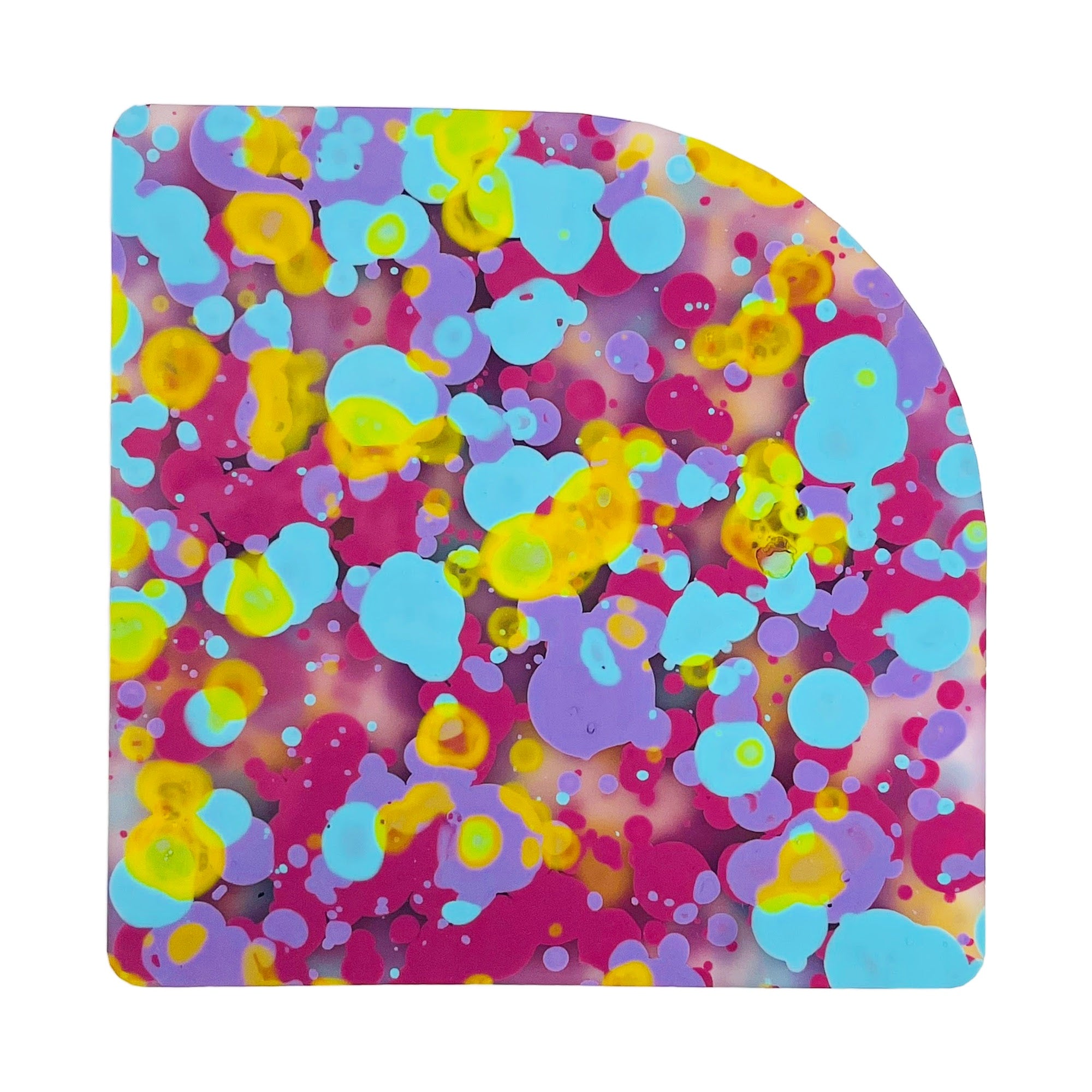 Colorful Sorbet Summer Blast pattern acrylic sheet with frosted translucent plexiglass, ideal for laser cutting and artistic designs.