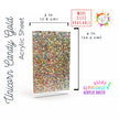 Colored plexiglass panels with glitter for creative crafting and laser projects.