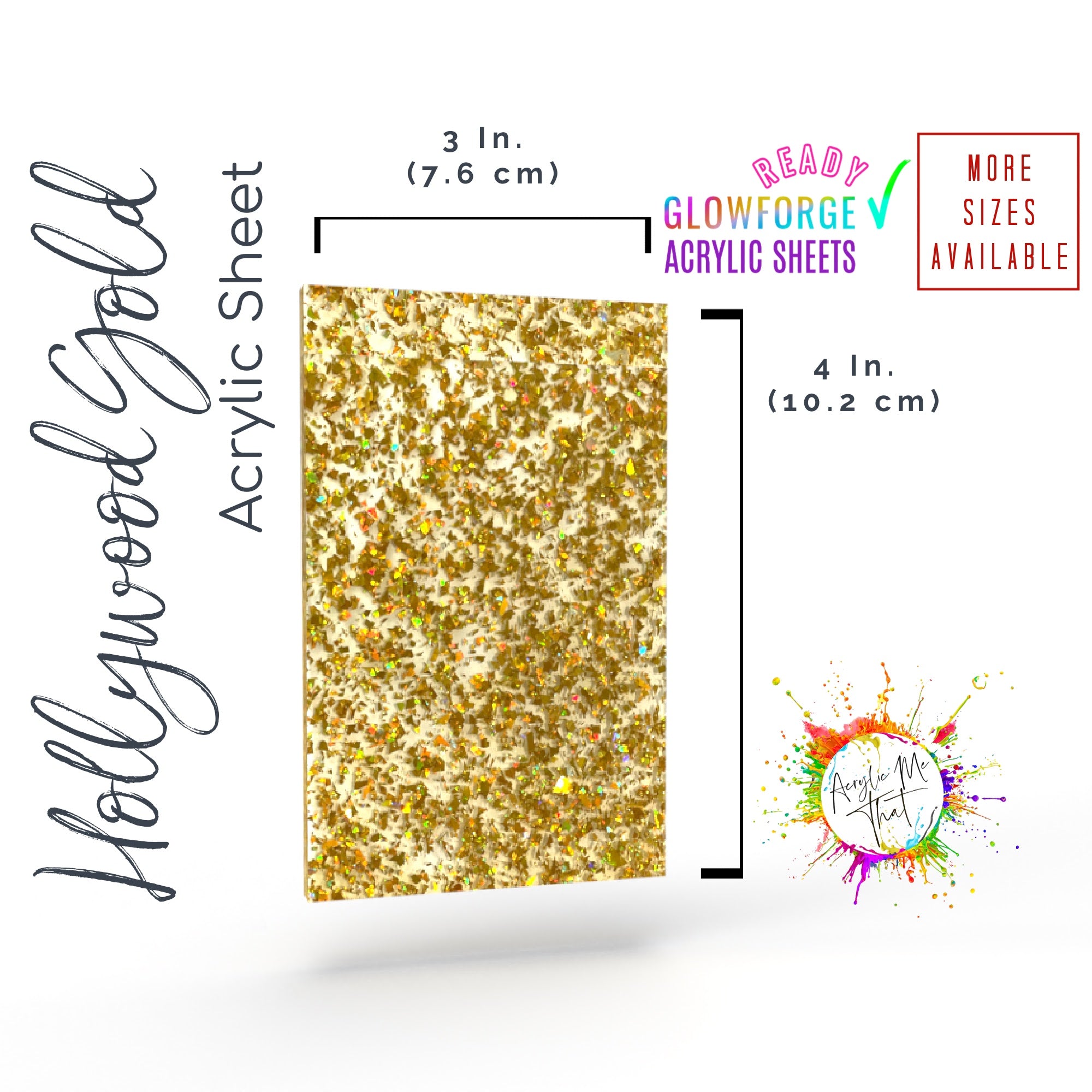 Gold chunky glitter acrylic sheet with iridescent holographic glitter, perfect for making vibrant jewelry and home decor, compatible with laser cutting.