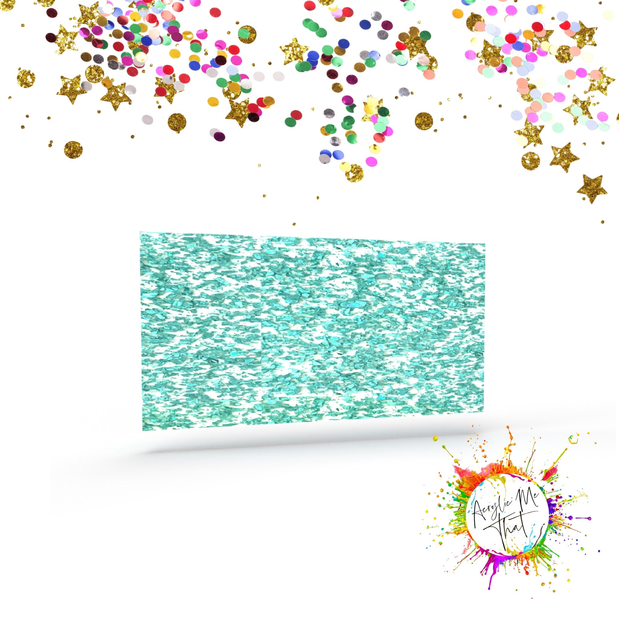 Clear plexiglass with iridescent teal green glitter for engraving, ideal for laser cutting and crafting.