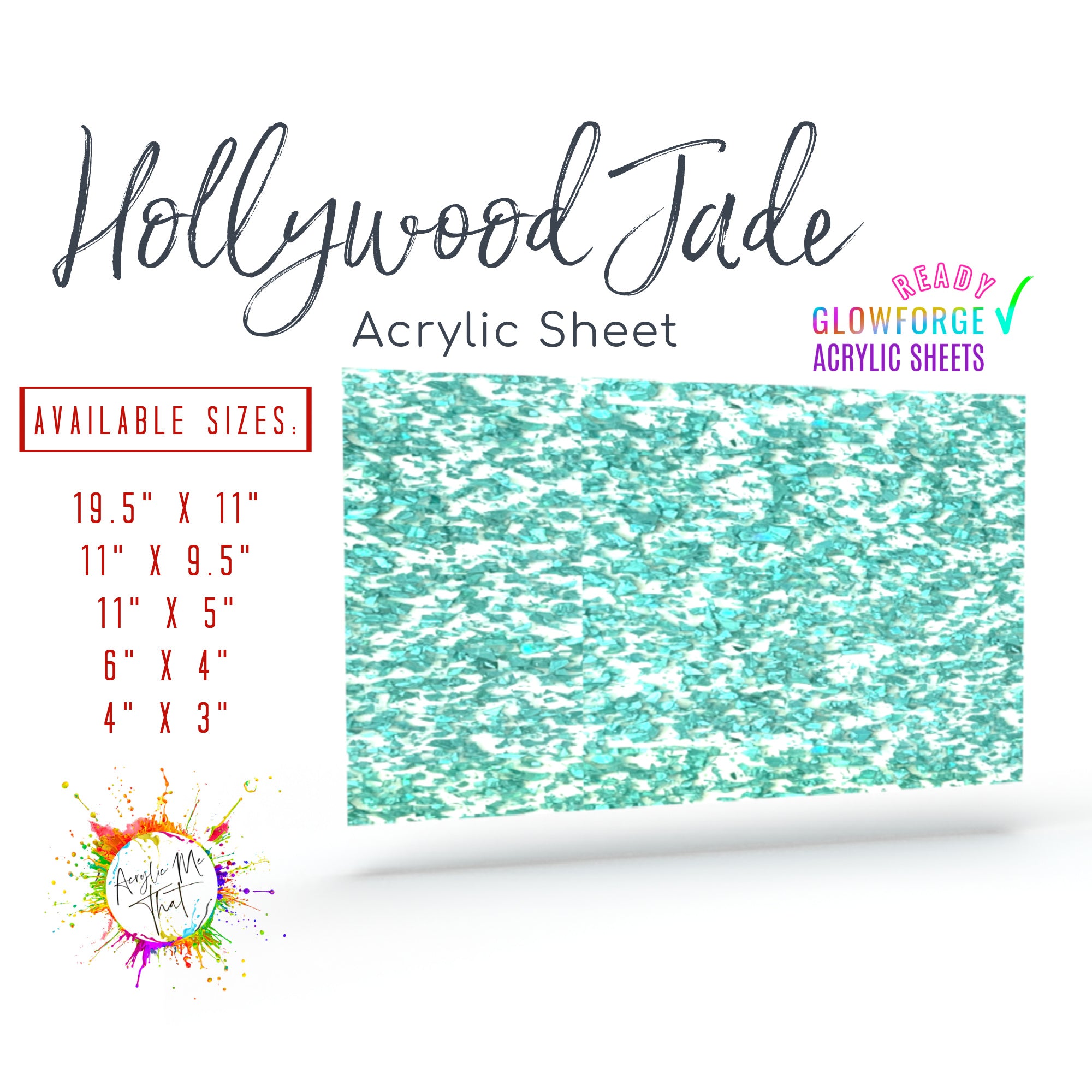 Glossy acrilic sheet with Hollywood Jade glitter pattern, ideal for DIY crafts and decorative projects using plexiglass.