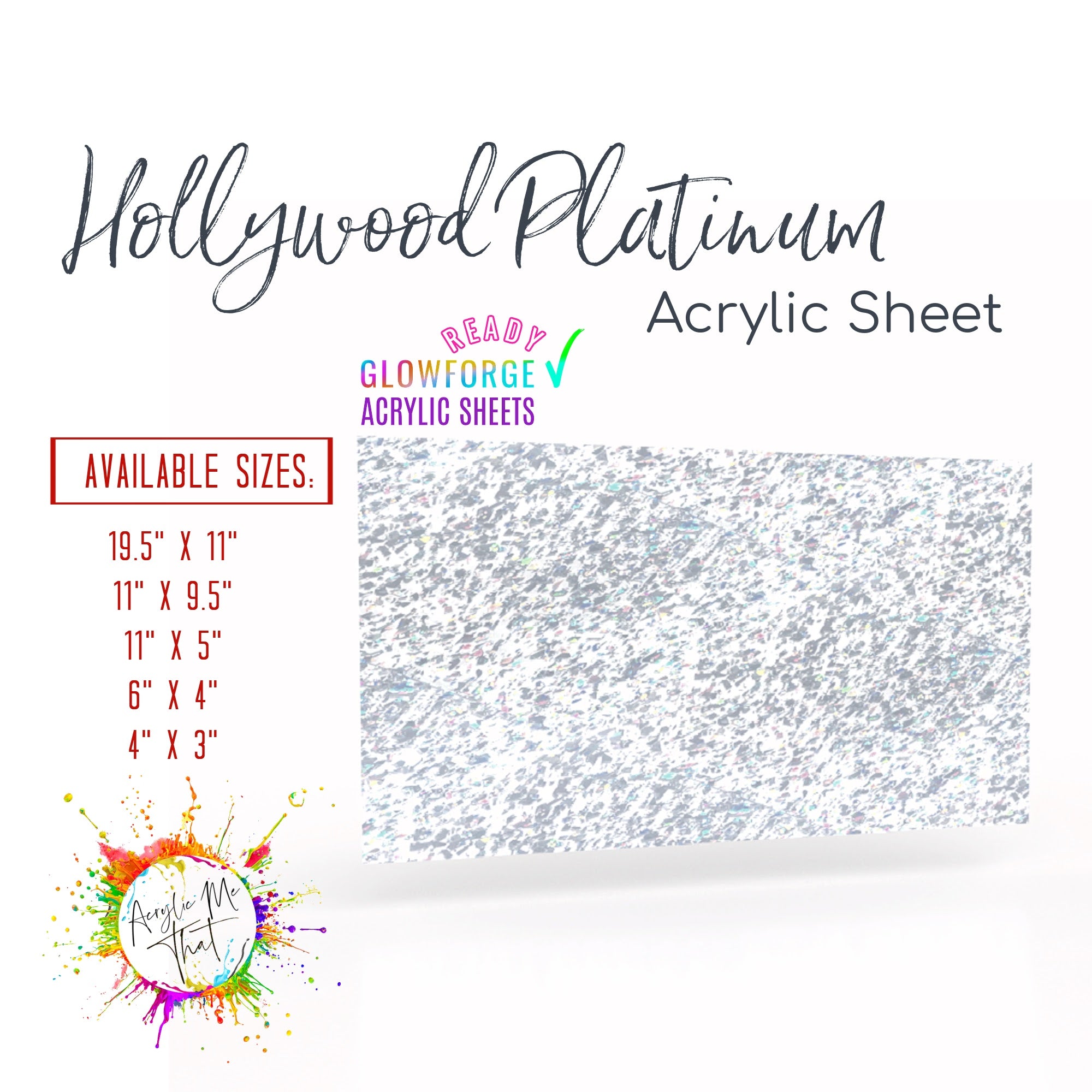 Hollywood Platinum glitter acrylic sheet, perfect for laser cutting and creative DIY projects, featuring silver glitter.