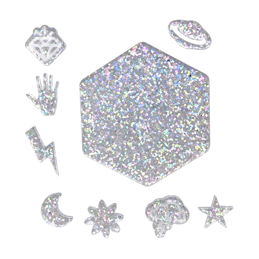 Diamond patterned acrylic sheet with a holographic effect, ideal for crafts.