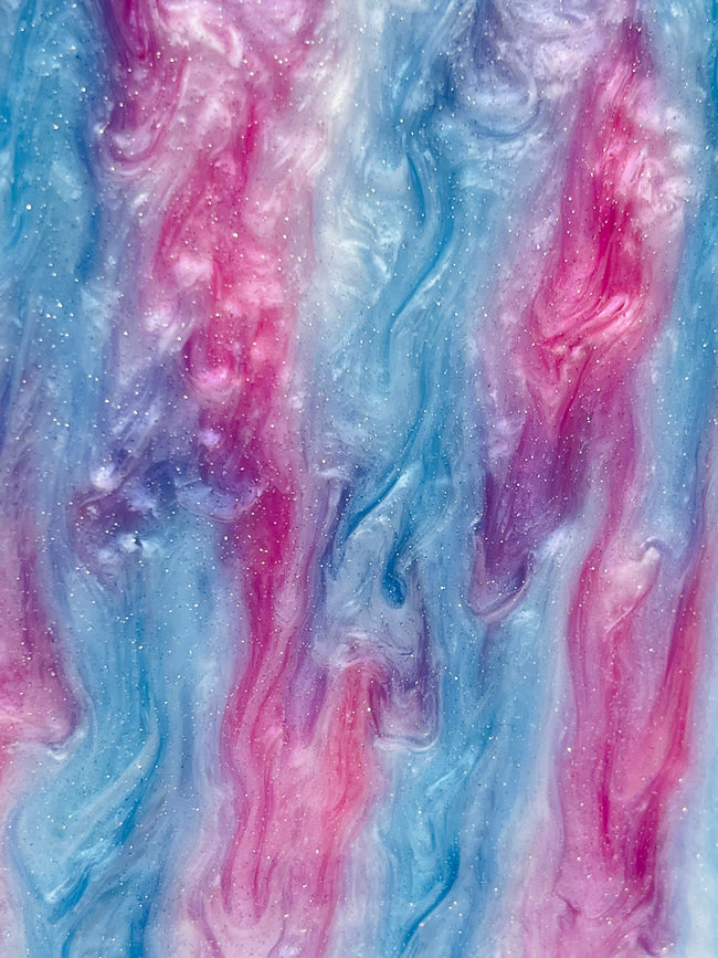 Iridescent Fairyfloss acrylic sheet with marble pattern, suitable for laser proof and sublimation cast acrylic crafts.