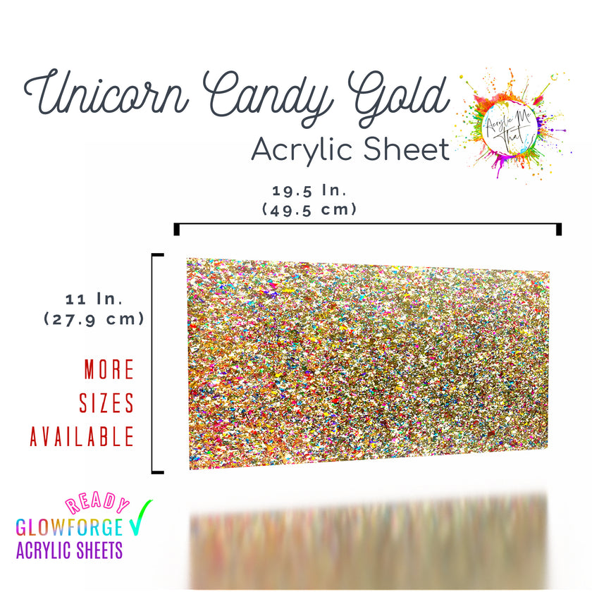 Laser engraving acrylic sheet with gold and multicolored glitter for precision cuts.