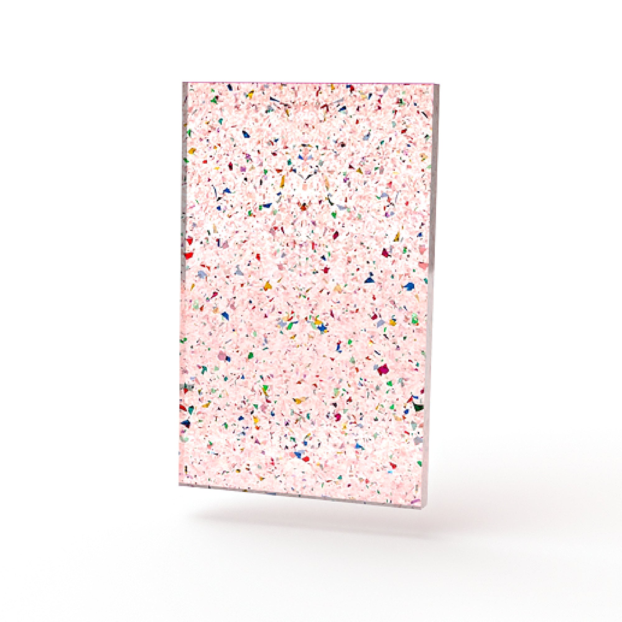 Custom acrylic glitter sheet in tinted pink plexiglass, perfect for vibrant, personalized designs.