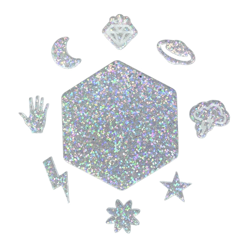 Holographic acrylics with a glittery finish, ideal for laser cutting and crafting.