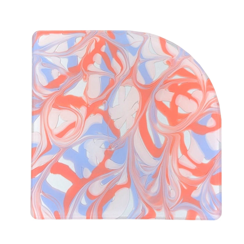 Clear plexiglass sheet with a vibrant peach and lavender marble swirl, great for laser engraving.