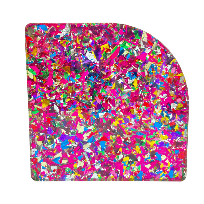 Unicorn Candy Pink custom cut acrylic sheet with vibrant glitter confetti for crafting and laser cutting.