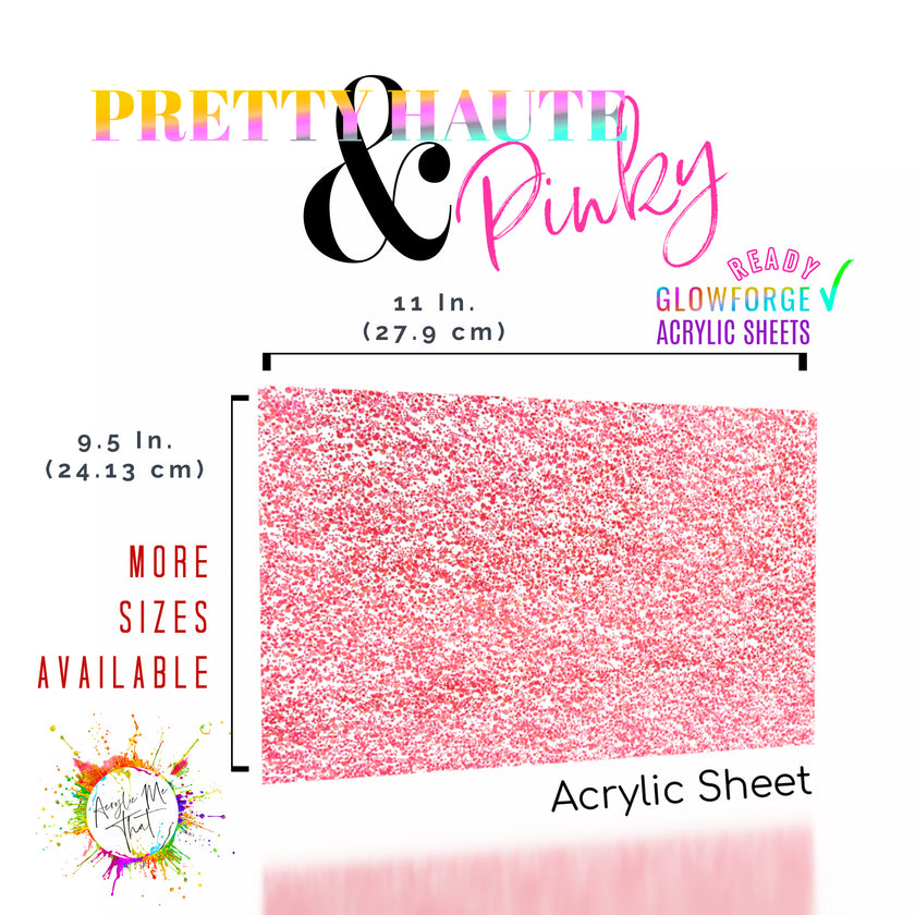 Transparent sheet of plastic plexiglass, with a pink glitter finish, perfect for signage.