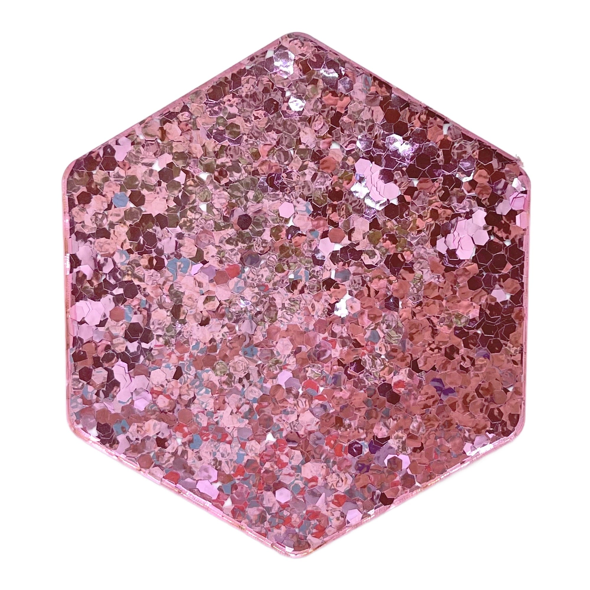 Pink plexiglass sheet with iridescent rose gold glitter, perfect for laser cutting and engraving acrylic sheets.