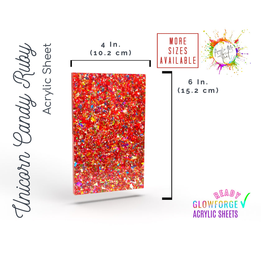 Laser cut plastics made with red sparkling chunky glitter cast acrylic sheets, available for laser cutting and engraving.