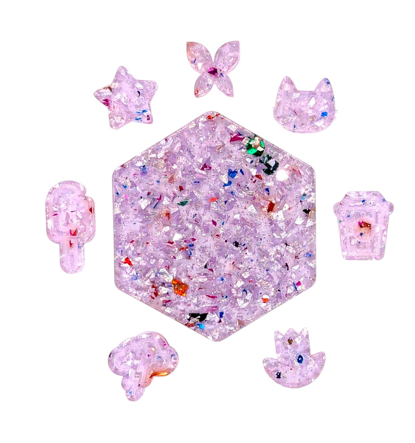 Cell cast acrylic sheet with a lavender hue and iridescent glitter, perfect for durable designs using a laser cutting machine and engraver.