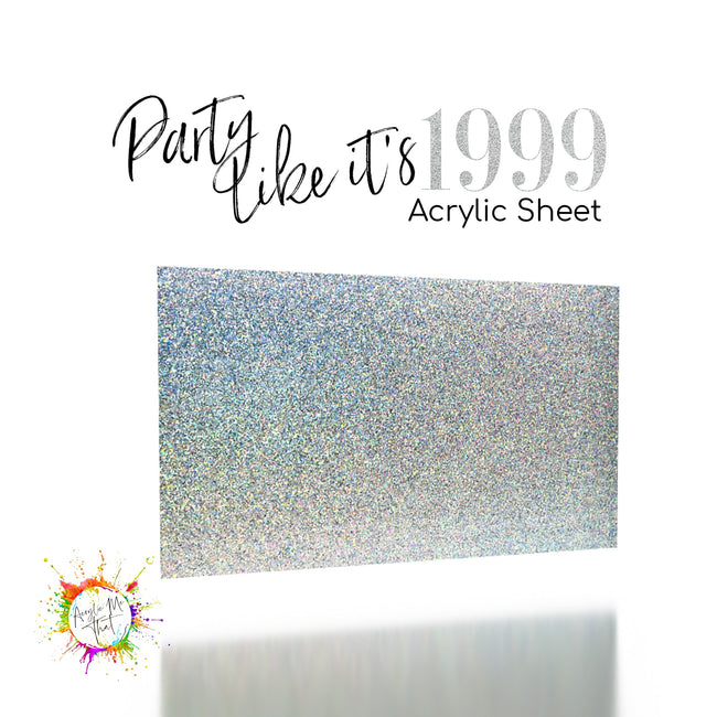 Silver sparkle acrylic sheet with glitter pattern, ideal for custom decor.