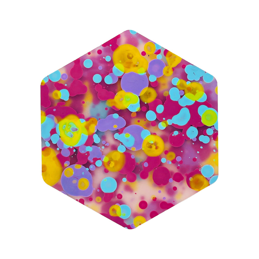 Patterned acrylic sheet for laser cutting, featuring Sorbet Summer Blast design with colorful splatter on frosted acrilic.