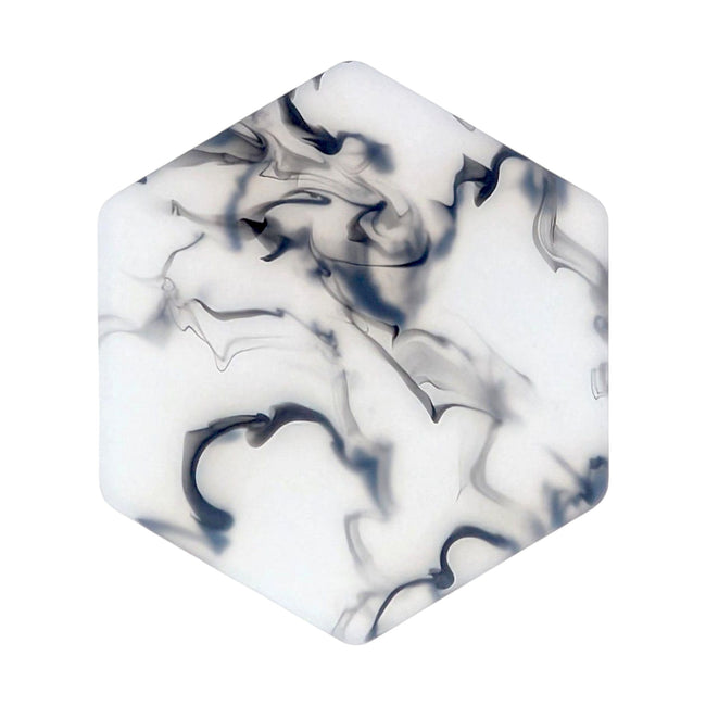 Translucent black and white acrylic sheet with marble pattern, ideal for crafting and signage.