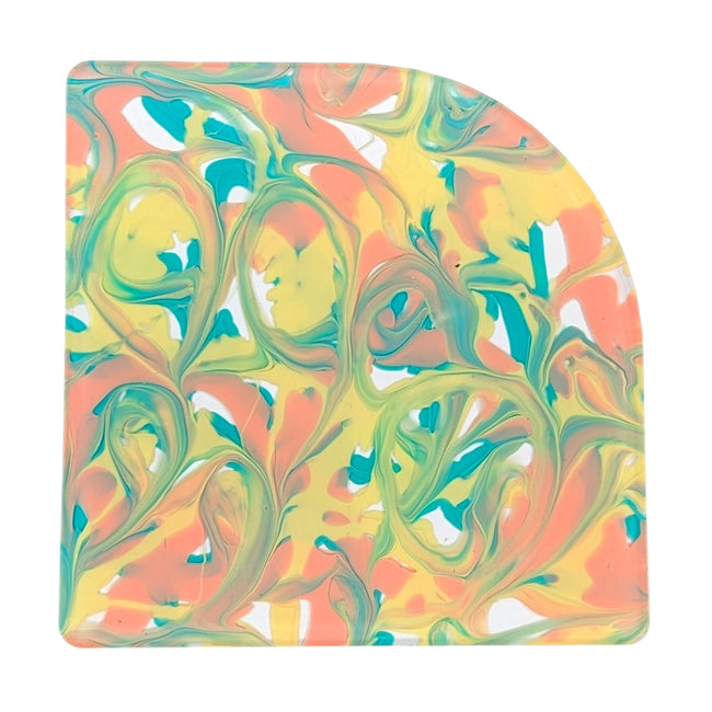 Vibrant marble swirl plexiglass sheet for laser cutting, featuring clear, green, yellow, coral, and orange patterns.