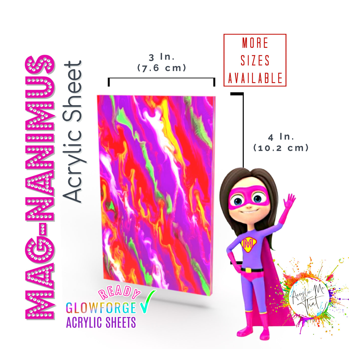 Mag-Nanimus Magenta, Neon Green, White, Red, Yellow, White Marble Swirl Acrylic Sheet