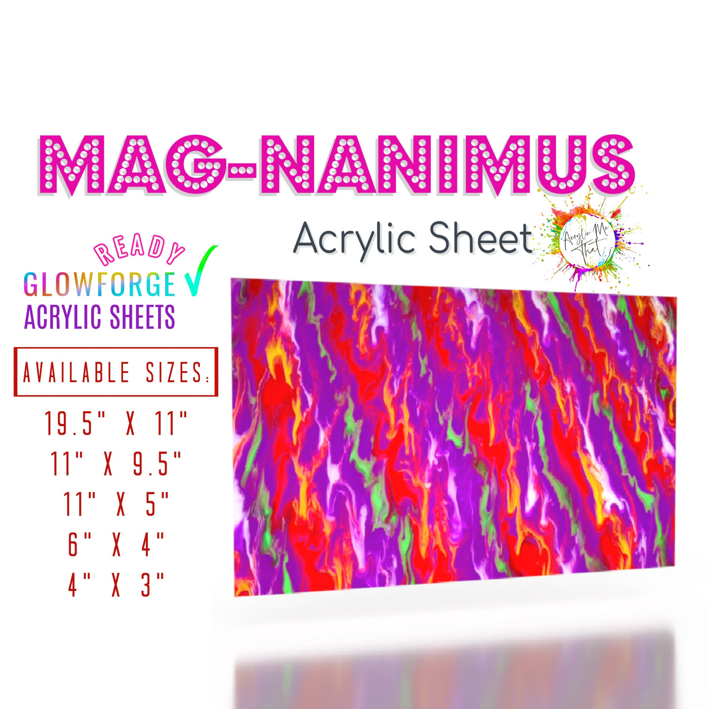 Mag-Nanimus Magenta, Neon Green, White, Red, Yellow, White Marble Swirl Acrylic Sheet