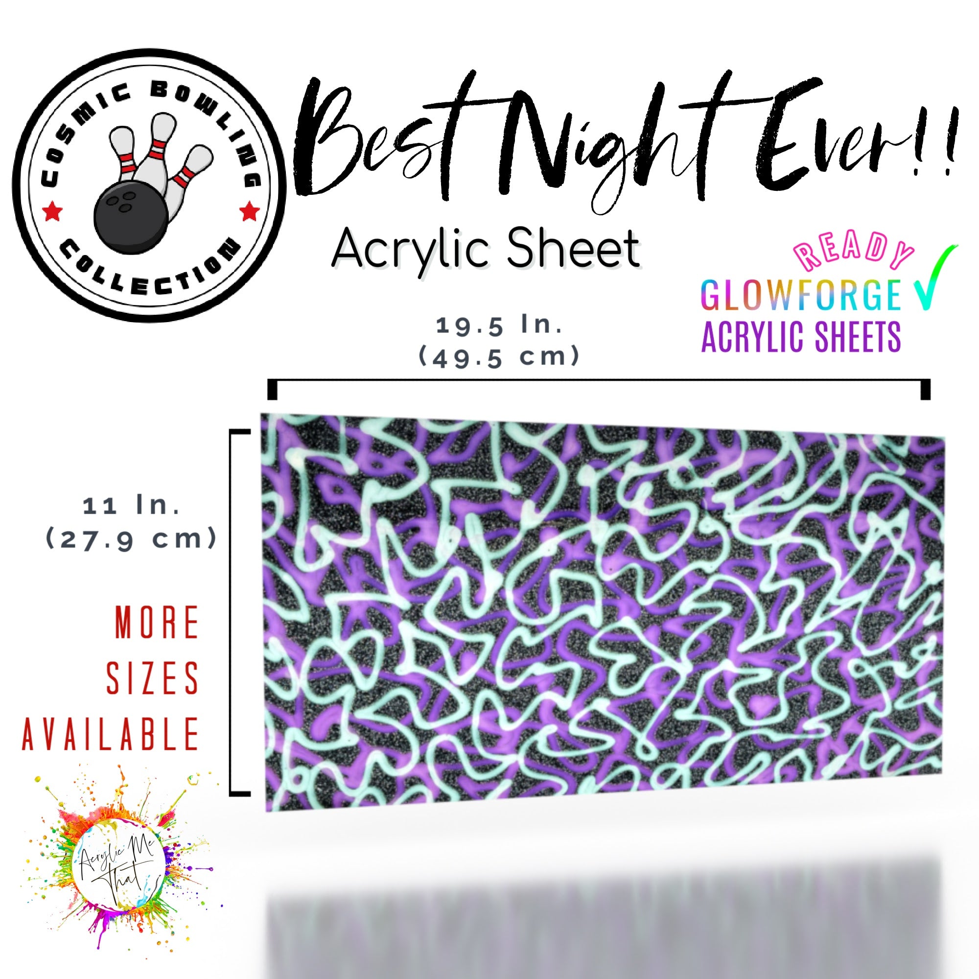 Glossy black acrylic sheet for laser cutting with silver glitter and neon green and purple pattern for creative projects.