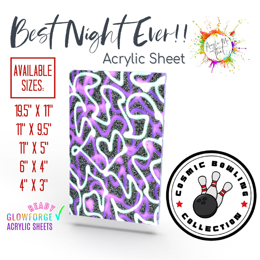 Purple acrylic sheet for laser cutting with neon green swirls and silver glitter, great for tech accessories and home decor.