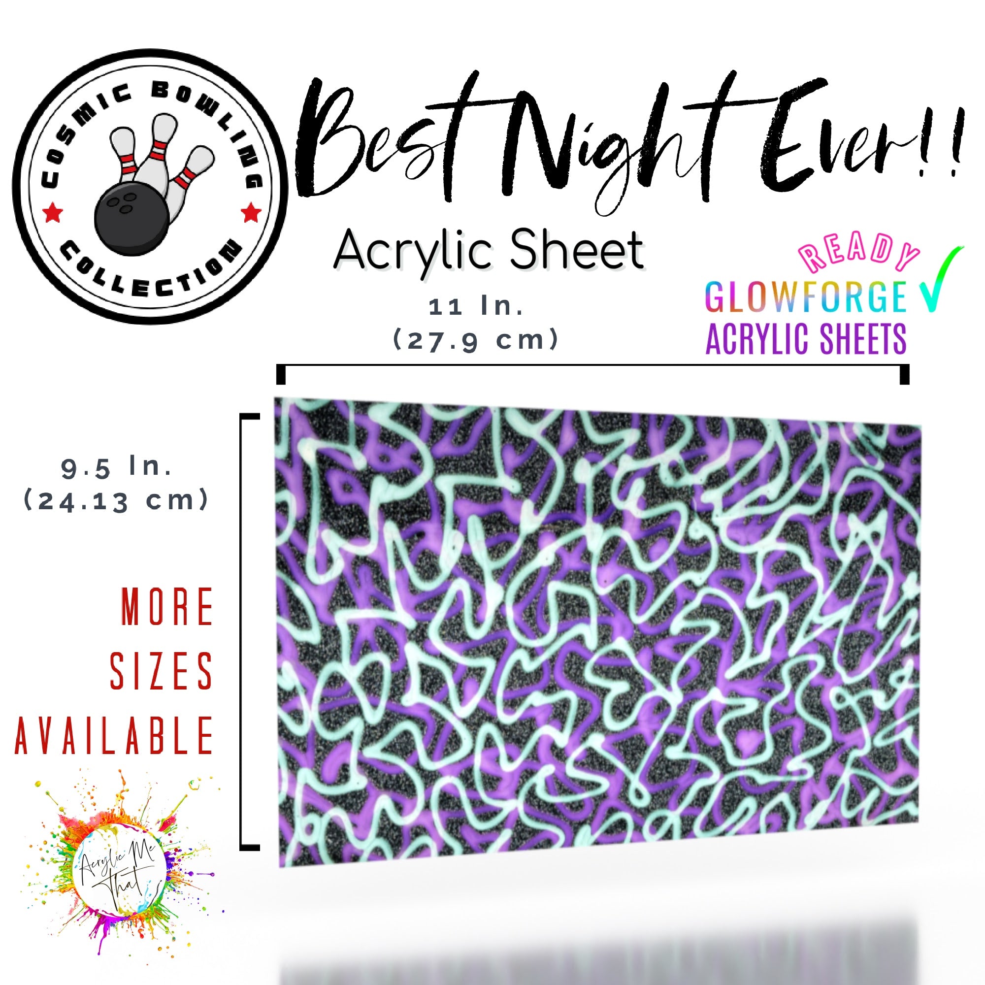 Decorative pattern acrylic sheet for laser cutting with glitter, neon green, and purple swirls for vibrant DIY crafts.