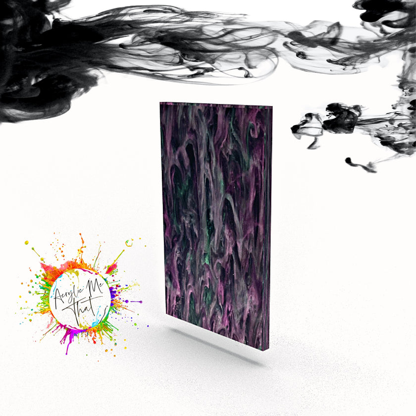 Cast plexiglass with a glossy marble pattern, ideal for laser cutting.