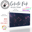 Iridescent marble acrylic sheet with pink and black swirls, ideal for custom projects.