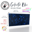 Iridescent blue and black marble plexiglass sheet, ideal for custom decor and accessories.